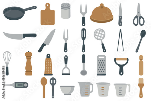Collection of kitchen tools and utensils shown on a white background for cooking and food preparation activities