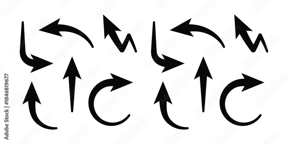 Obraz premium Curved and Zigzag Arrow Vector Icon Set. Black Directional Pointer Silhouettes for Navigation, Download, and Business Growth Symbols.