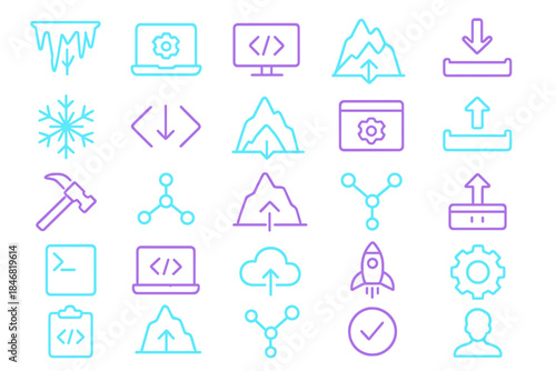 Different symbols showing technology, nature, and activities related to coding and development in various colors