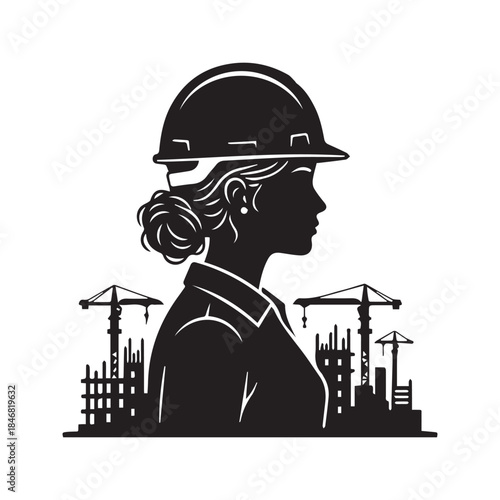 Black silhouette of a female construction worker or engineer wearing a hard hat, profile view with cranes and building site background, vector illustration.

