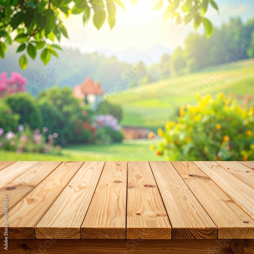 Wooden table foreground with a blurred garden view
