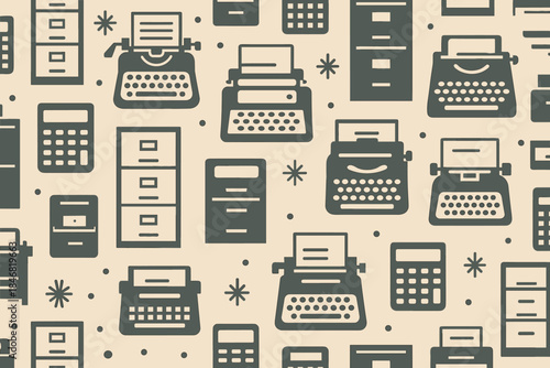 Various types of office equipment including typewriters and calculators on a light background