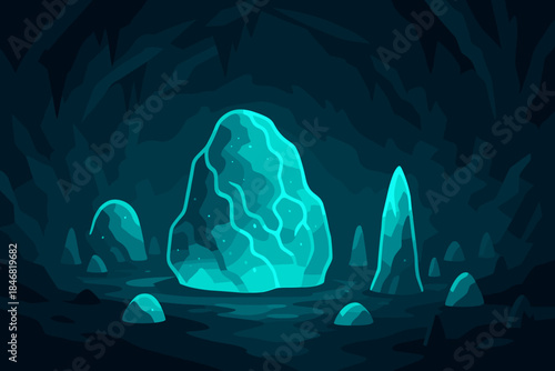 Bright blue stones shine in a dark cave with different shapes and sizes during a quiet moment