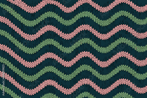 Colorful zigzag pattern featuring pink, green, and dark blue waves on a textile background, designed for crafts and fashion