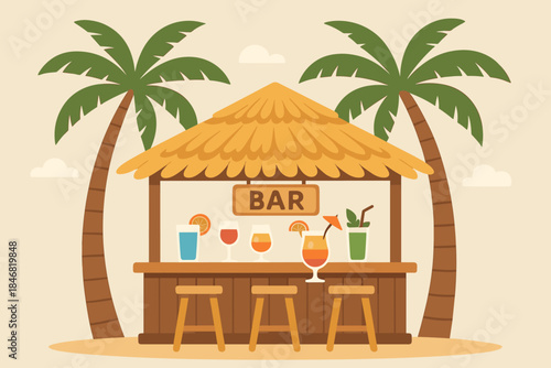 Tropical bar scene with drinks and palm trees in a beach setting during daytime