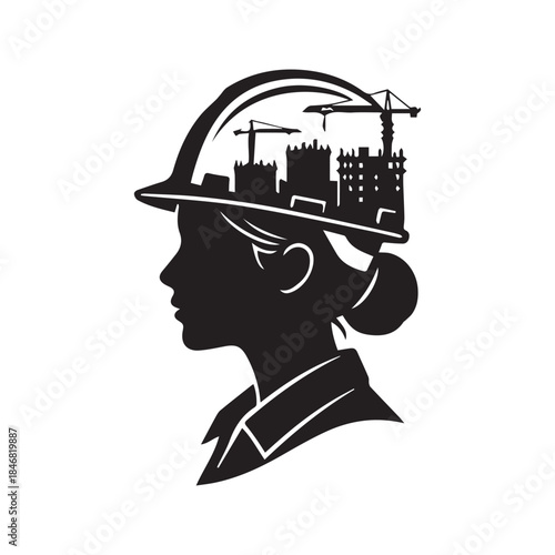 Black silhouette of a female construction worker or engineer wearing a hard hat, profile view with cranes and building site background, vector illustration.
