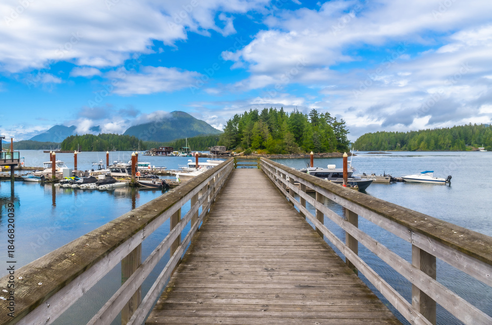 Obraz premium Wooden pier leading to small island in tofino harbor, vancouver island