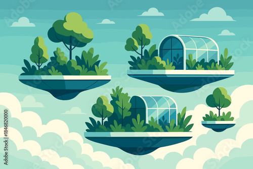 Floating gardens with greenhouses in a blue sky full of clouds showcase a unique design concept for urban spaces and nature integration