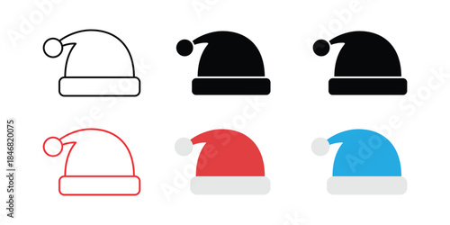 Santa Hat Vector Icon Set. Christmas Cap Symbol Collection in Flat, Outline, and Silhouette Styles for Holiday Design and Decoration.
