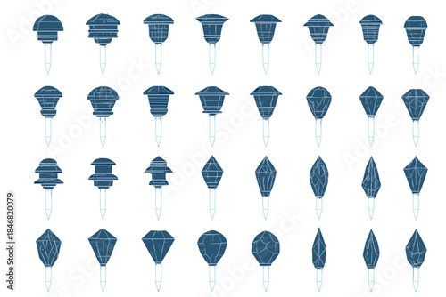 Different designs of garden lights displayed in a grid format on a plain background