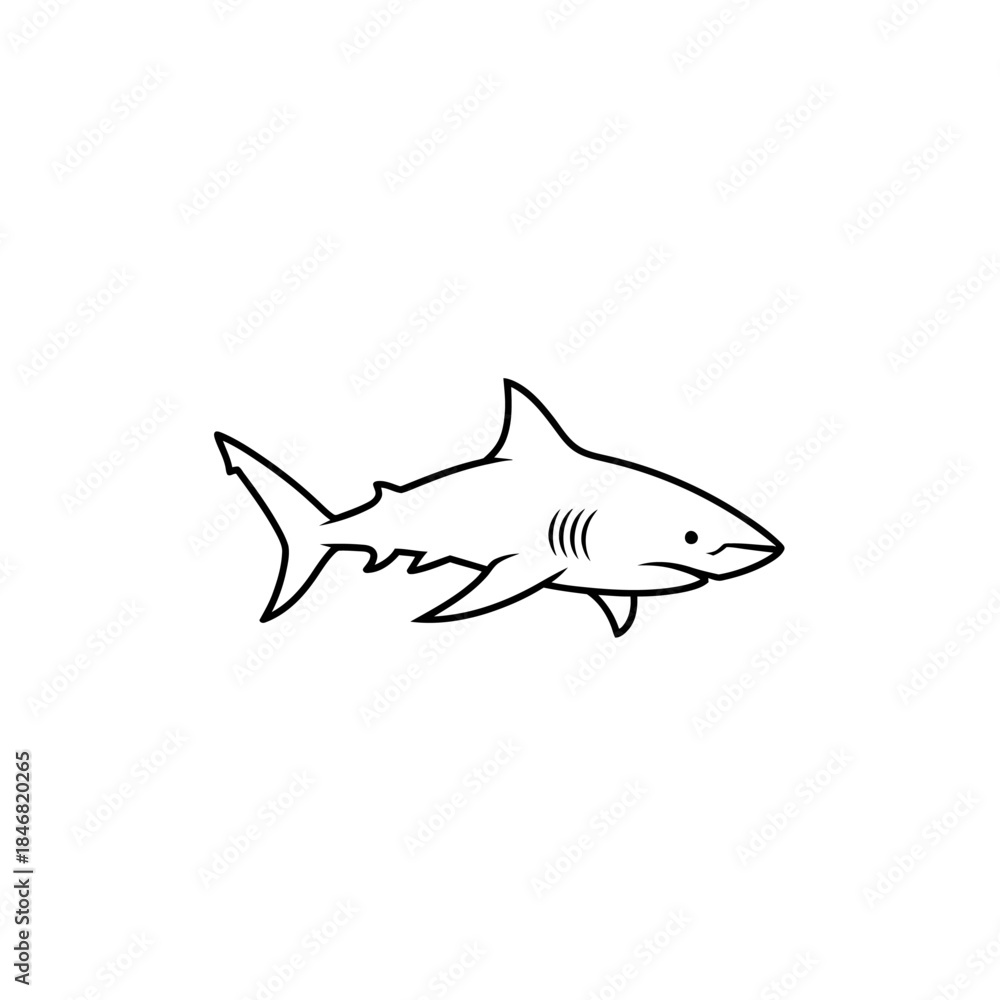 Obraz premium Minimalist black and white line art illustration of a powerful shark swimming in the ocean.