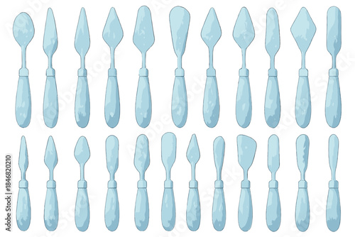 Collection of blue palette knives arranged in a pattern for art and craft projects