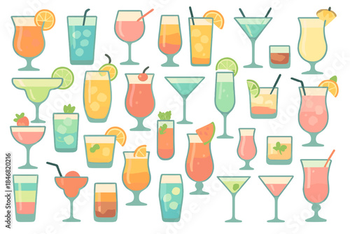 Various colorful drinks displayed together on a white background with fruit garnishes for a summer party