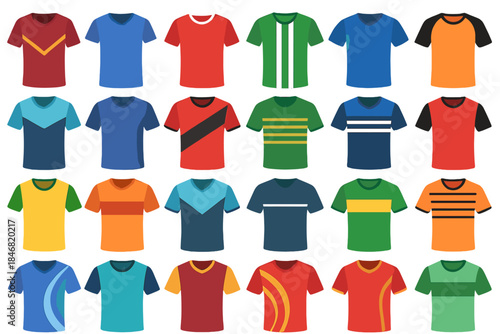 Different types of t-shirts displayed in an organized grid pattern on a plain background