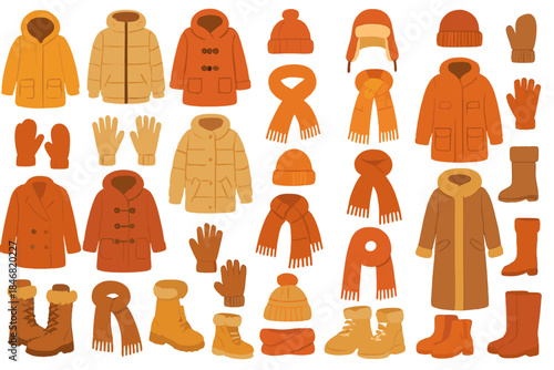 Warm clothing items in shades of orange for cold weather activities and winter fashion choices