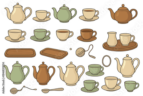Different types of tea pots and cups with various shapes and colors placed on white background for design or decoration purposes