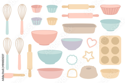 Various baking tools and utensils arranged neatly on a white background in different colors for cooking activities