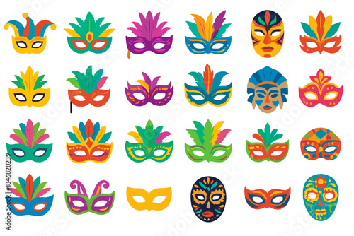 Colorful masks from a carnival celebration are displayed on a white background showcasing different styles and designs