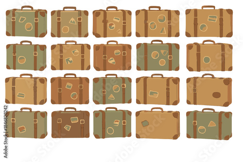 Travel suitcases arranged in a grid pattern showing various designs and stickers from different places
