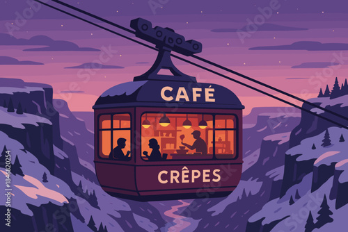 Cafe and crepes shop in a cable car enjoying views of a winter landscape during sunset in a snowy mountain area