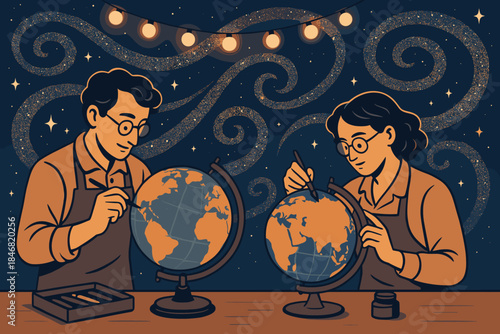 Couple working on globes in a workshop at night under string lights