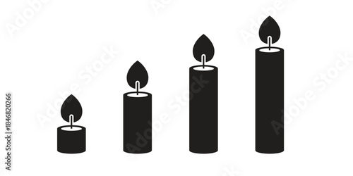 Candle Silhouette Vector Icon Set. Flaming Wax Stick Symbol Collection for Peace, Meditation, Dinner, or Holiday Decoration.