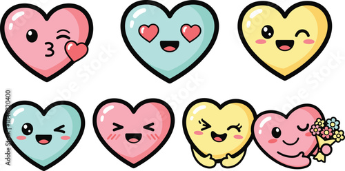 Cute kawaii heart emoji icon set with smiling faces expressions, colorful love emotions, adorable cartoon valentine vector illustration pack