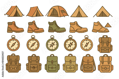 Camping gear and outdoor equipment for adventures in nature with tents, boots, compasses, and backpacks displayed together