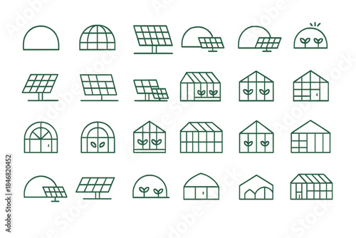 Solar energy designs and greenhouse symbols for sustainable living and renewable resources in modern settings