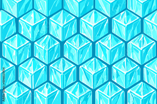 Colorful pattern of ice cubes arranged in a hexagonal shape on a bright blue surface