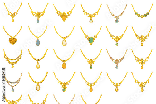 Collection of unique chain and pendant designs displayed in a structured pattern on a white background