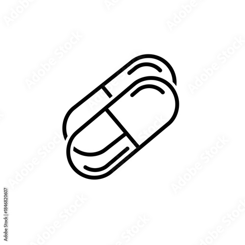 Minimalist black and white line art illustration of two medical capsules or pills, symbolizing health and medicine.