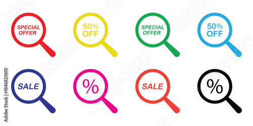 Magnifying Glass Sale Search Vector Icon Set. Special Offer and Discount Symbol Collection for Web Shop E-commerce and Retail Promotion.