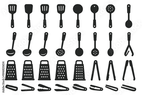 Collection of kitchen utensils arranged in rows showing various cooking tools for food preparation and serving