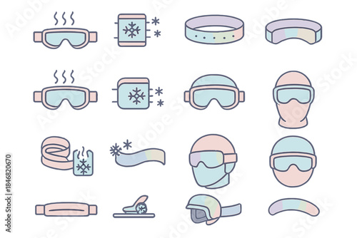 Collection of winter sports gear including goggles, helmets, and accessories for cold weather activities