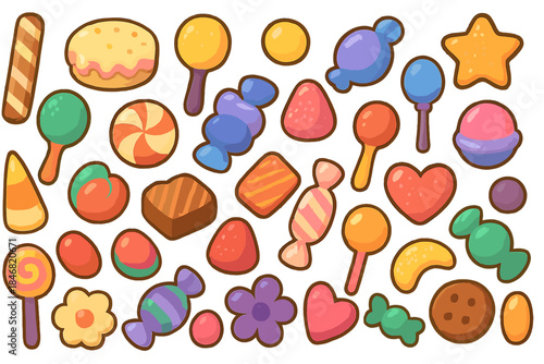 Colorful candy collection on a white background featuring various shapes and types of sweets arranged in a playful manner