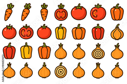 Colorful collection of vegetables including carrots, tomatoes, and peppers arranged in a neat pattern on a white background