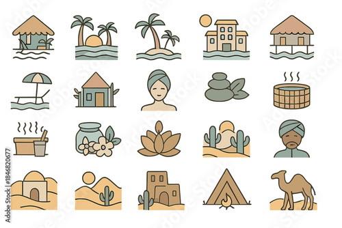 Icons represent vacation themes with nature, buildings, and relaxation activities showing summer vibes and diverse environments