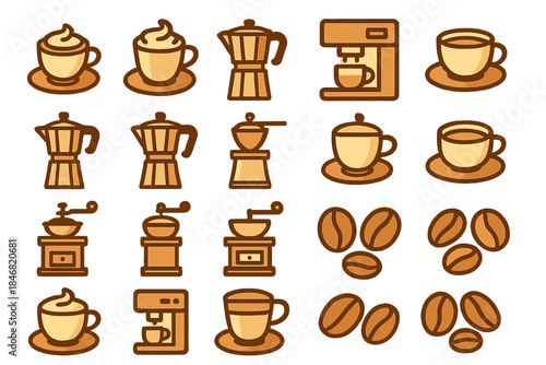 Different coffee cups and brewing devices shown in a pattern on a light background