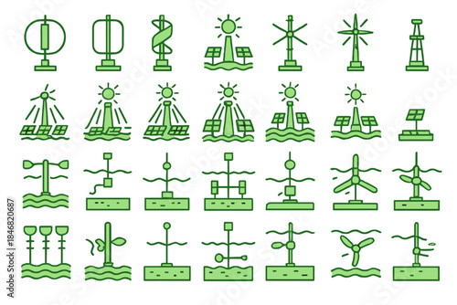 Various designs of renewable energy sources showcased in simple line art drawings
