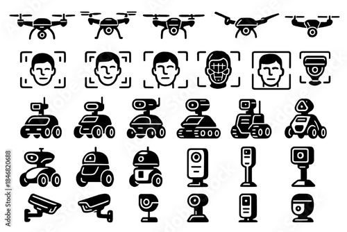 Different types of drones, robots, and cameras designed for surveillance and observation in various settings
