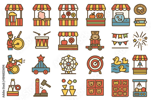 Colorful carnival scenes with fun activities at various booths and entertainment attractions in a lively environment