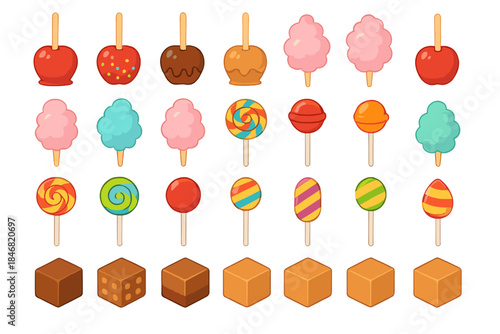 Colorful candy and sweet treats on sticks arranged in a neat pattern for a fun dessert display at a fair or festival