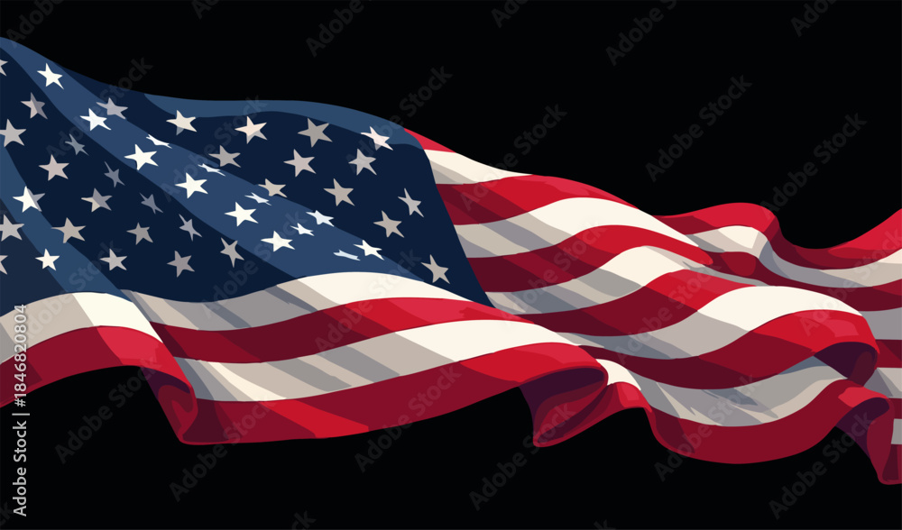 Obraz premium Vector design with decorative drawing of national flag of usa is fluttering in wind. Fashion t-shirt print. American pattern of stars and wavy stripes for textiles, fabric, clothing.