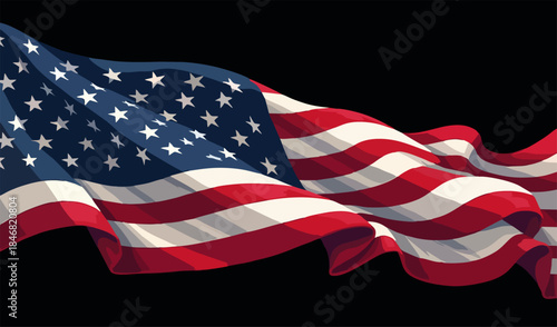 Vector design with decorative drawing of 
national flag of usa is fluttering in wind. 
Fashion t-shirt print. American pattern of stars 
and wavy stripes for textiles, fabric, clothing.