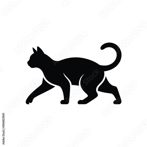 A sleek black cat silhouette gracefully walking across a white background
