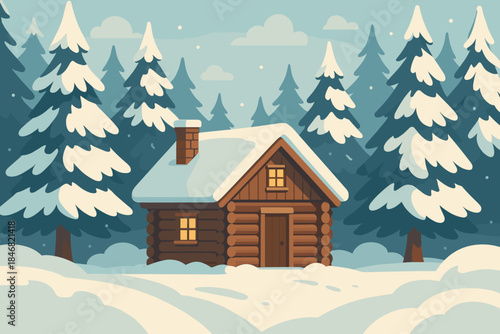 Wooden cabin surrounded by snow-covered pine trees in winter landscape during daytime