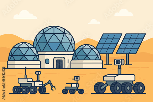 Mars base with rovers and solar panels in a desert landscape during a sunny day