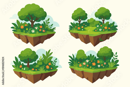 Four floating islands with trees and flowers in a green landscape setting during daytime