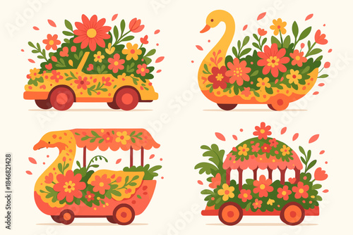 Brightly decorated vehicles with flowers and plants on display in a colorful setting